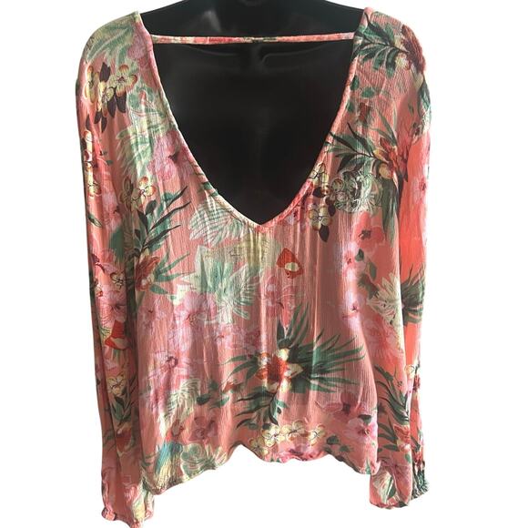 Boho Floral Blouse Pink Tropical Print Live 4 Truth Top Women’s S Crinkle V-Neck - Picture 4 of 5
